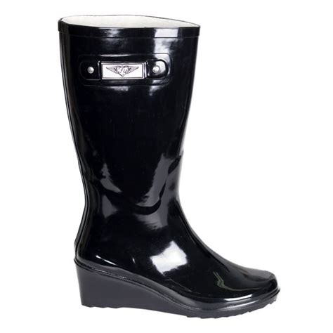 Women Black Rubber Rain Boots Wedge Heel Design W Cotton Lining