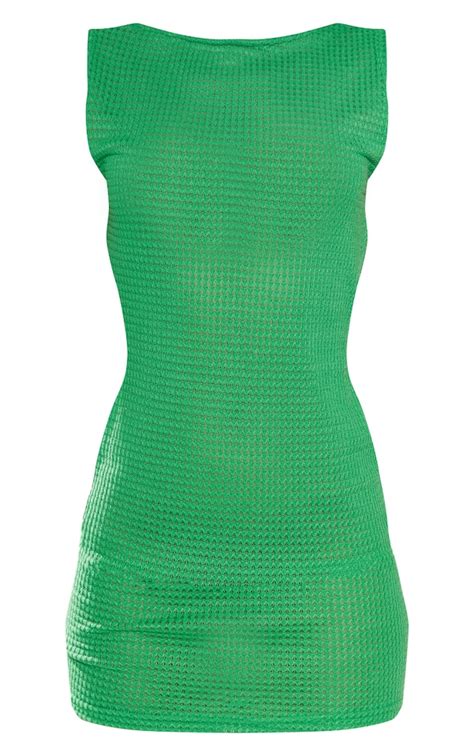 Green Textured Scoop Back Bodycon Dress Prettylittlething Usa