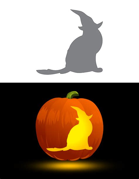 Printable Sitting Cat Wearing Witch Hat Pumpkin Stencil