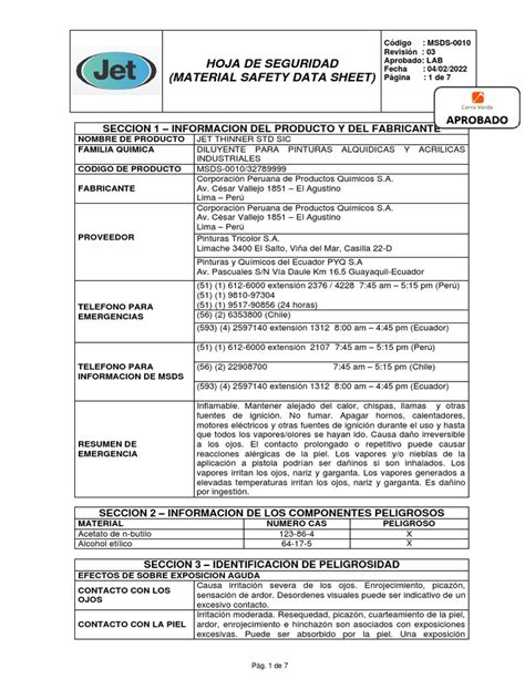 Hoja De Seguridad Material Safety Data Sheet Seccion 1 Informacion Del Producto Y Del