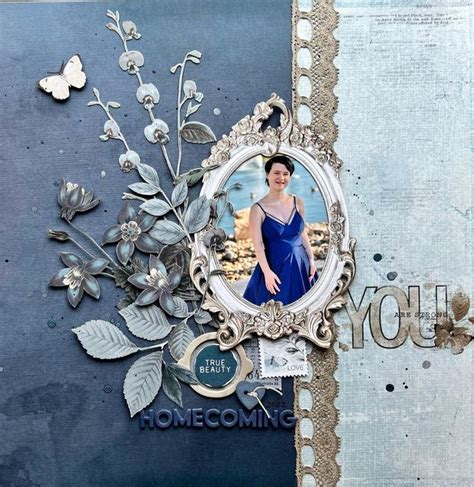 A Scrapbook Page With An Image Of A Woman In A Blue Dress On It