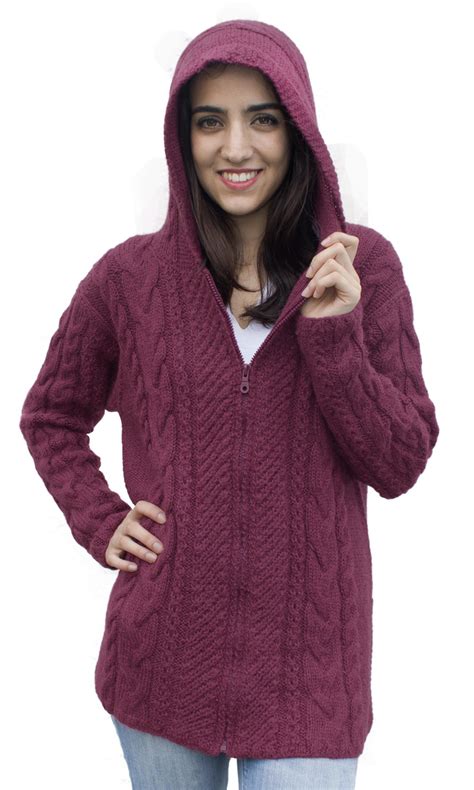 Womens Superfine Alpaca Wool Cable Handknitted Jacket Sweater With Hood Ebay