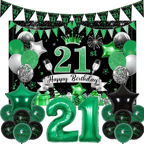 Fangleland 21st Birthday Decorations Black Green For Him Her Happy