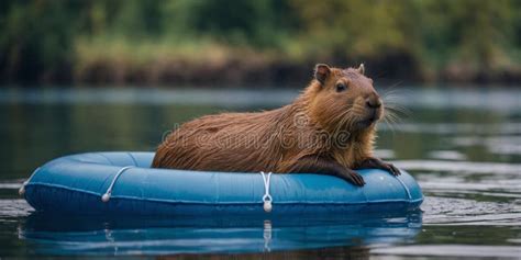 A Small Brown Capybara Is Sitting On A Blue Inflatable Raft In A Body