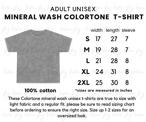 Mineral Wash Size Chart Colortone Size Chart Mineral Wash Etsy