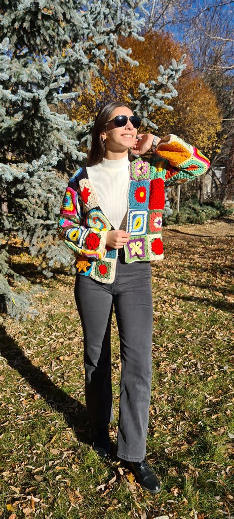 Patchwork Cardigan Crochet Knit Cardigan Knit Granny Square Etsy