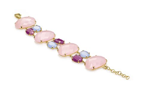 Pulsera Plata Chapada Oro Kts Con Cuarzo Rosa Calcedonia Y Rub