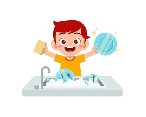 Premium Vector | Happy cute little boy washing dish in the kitchen