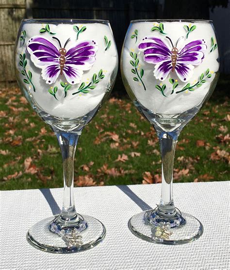 Wine Glasses With A Hand Painted Purple Butterfly Set Of 2 Christmas Ts For Her Butterf