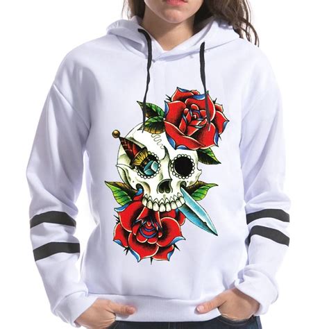 Skull Rose Print Women Long Sleeve Hooded Hoodie Everything Skull