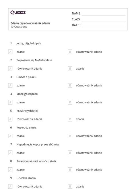 Ponad Zdania Arkuszy Roboczych Dla Klasa W Quizizz Darmowe I Do