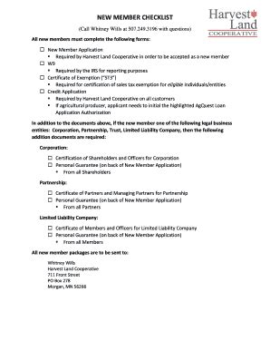 Fillable Online NEW MEMBER CHECKLIST Harvest Land Cooperative Fax