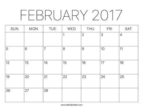 2017 Calendar February Printable Old Calendars