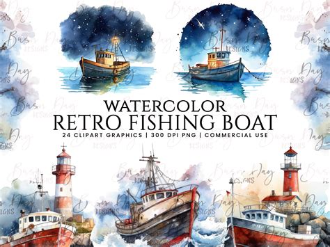 Watercolor Retro Fishing Boat Clipart Graphic By Busydaydesign