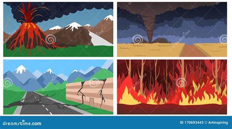 Natural Disaster Set Earthquake And Flood Forest In Fire Stock Vector Illustration Of Fire