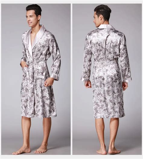 Men Kimono Robes V Neck Faux Silk Bathrobes Nightgown For Male Senior