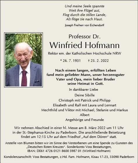 Gedenkseite F R Prof Dr Winfried Hofmann Voss Bestattungen