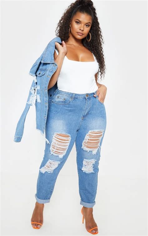 Plus Mid Wash Extreme Ripped Turn Up Mom Jeans Womens Plus Size