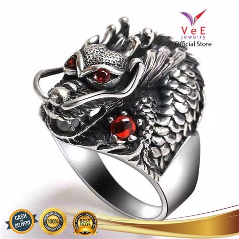 Jual CINCIN TITANIUM PERAK KEPALA NAGA RUBY MERAH DELIMA VEE CINCIN