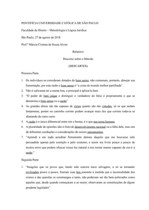 Relatorio descartes Resumo Discurso sobre o método Edição de Bolso