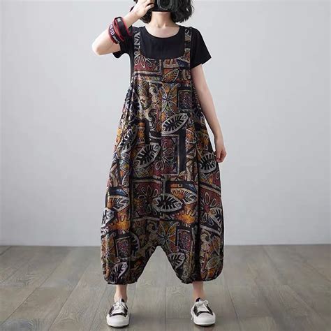 Kg Plus Size Jumpsuit Playsuit Overall Batik Design Cotton Linen