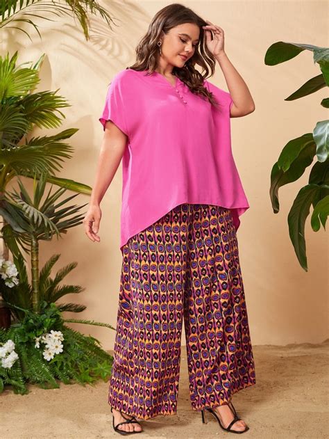 Shein Plus Batwing Top And Allover Print Wide Leg Pants Set Plus Size