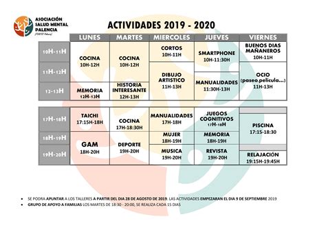 Horario actividades curso 2019 2020 ASOCIACIÓN SALUD MENTAL PALENCIA