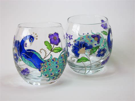 Personalized Stemless Wine Glasses Hand Painted With Peacock Etsy UK