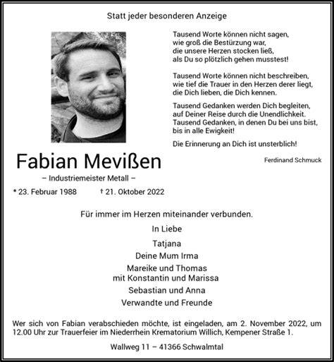 Alle Traueranzeigen für Fabian Mevißen trauer rp online de