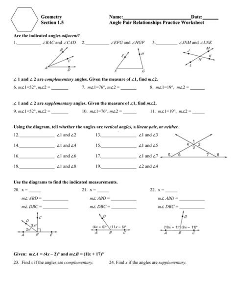 1 5 Angle Pair Relationships Practice Worksheet Answers — Db