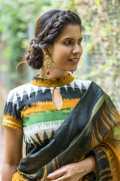 Mustard And Black Ikat Cotton High Neck Blouse Blouse Saree