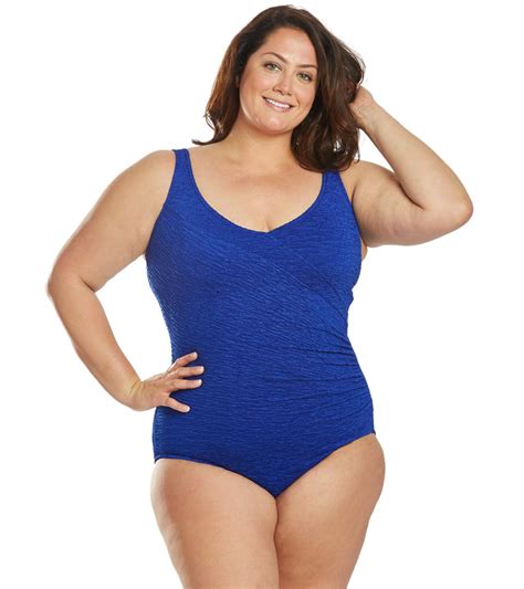 Penbrooke Krinkle Plus Size Chlorine Resistant Mock Surplice One Piece