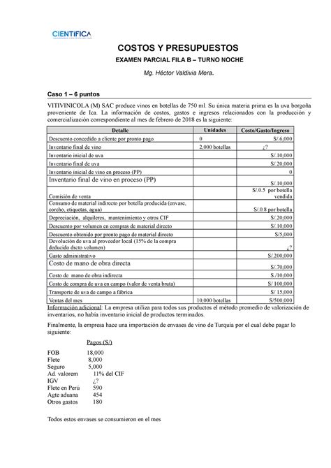 Examen Parcial FILA B Turno Noche COSTOS Y PRESUPUESTOS EXAMEN