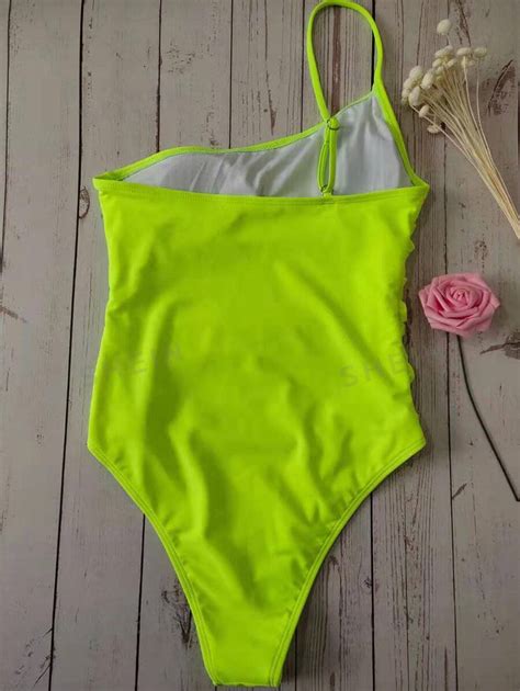 Shein Swim Neon Lime Ruched One Shoulder One Piece Swimsuit Shein Usa