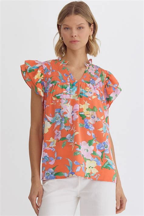 Floral V Neck Ruffle Sleeve Top Orange Riley Reigh Mod Market