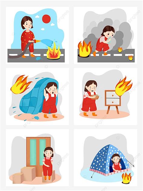 four different scenes with people camping in the rain, fire, and ice cold weather png and psd