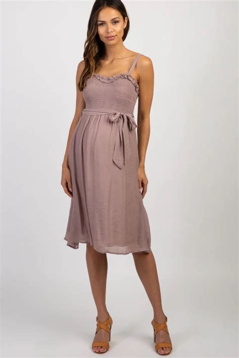 Mauve Smocked Sash Tie Maternity Midi Dress Maternity Midi Dress