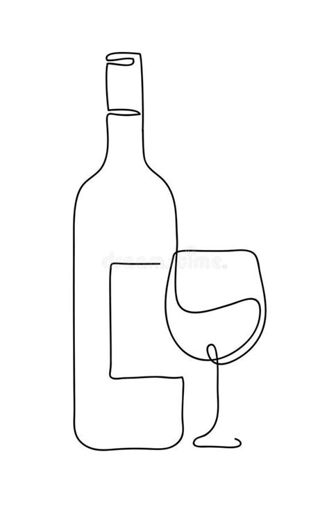 Wine Bottle And Glass Outline Silhouette Isolated On White Background Continuous Line Art