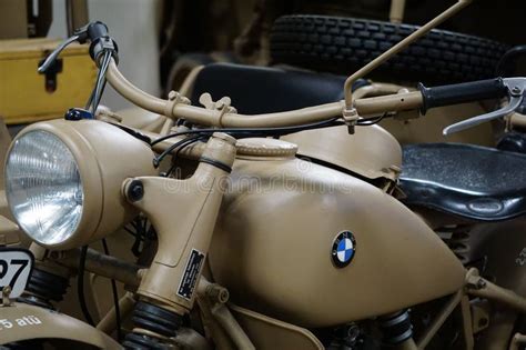 Close Up Image Features An Old Fashioned Brown BMW Motorcycle Parked