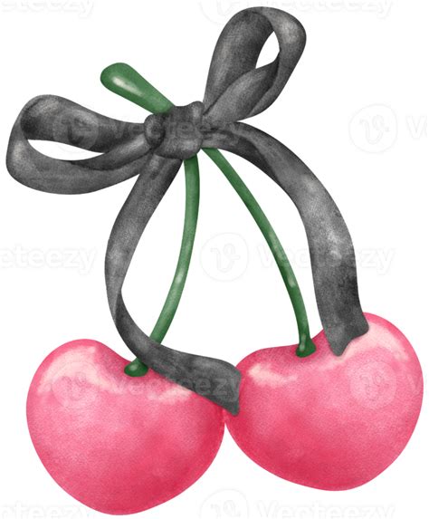 Black Coquette Bow With Cherries Watercolor Png