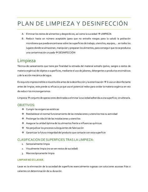 Plan De Limpieza Y Desinfecci N Plan De Limpieza Y Desinfecci N A