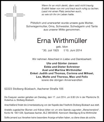 Traueranzeigen von Erna Wirthmüller Aachen gedenkt