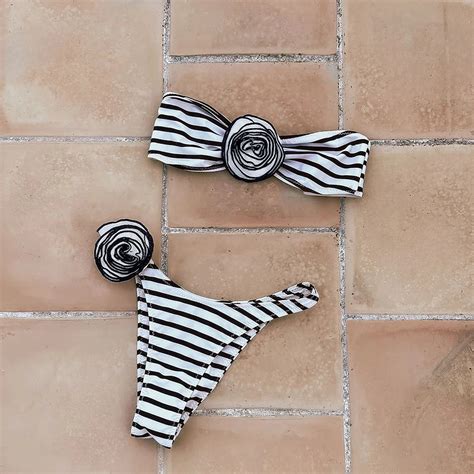 Womens Black And White Striped Bikini Set With Rose On Luulla