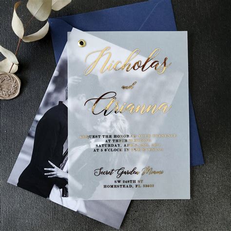 Elegant Vellum Wedding Invitations With Gold Foil And Picture Etsy