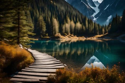 Premium AI Image A Wooden Boardwalk Leads To A Lake With A Mountain