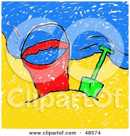 Child's Drawing Of A Beach Bucket And Shovel On A Beach Posters, Art ...