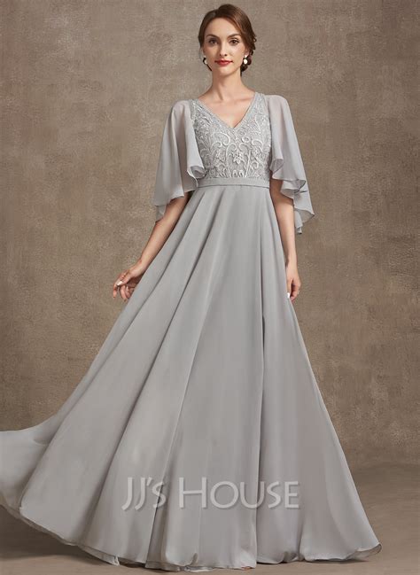 A Line V Neck Floor Length Chiffon Lace Mother Of The Bride Dress