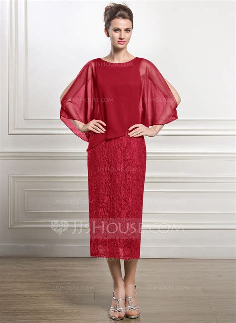 US 150 00 Sheath Column Scoop Neck Tea Length Chiffon Lace Mother Of