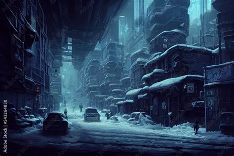 Cyberpunk Post Apocalyptic Dystopian Winter City Narrow Street Neon