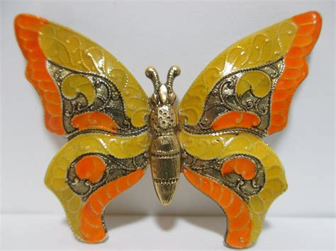 Cloisonné Yellow And Orange Butterfly Brooch Vintage Gold Toned